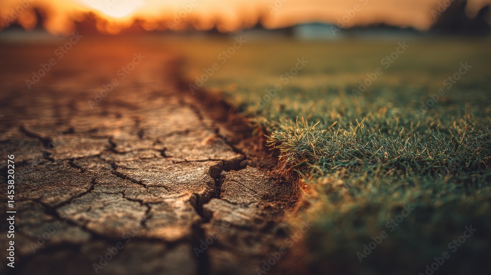 Close-up showcasing the contrast between arid, cracked earth and verdant grass during a golden sunset, highlighting environmental change. Close-up showcasing the contrast between arid, cracked earth and verdant grass during a golden sunset, highlighting environmental change.