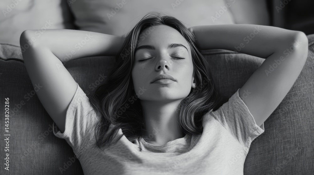 A woman with her eyes closed, resting her chin on her hand, conveying a sense of relaxation and calm.