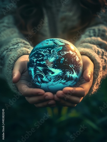 Obraz na płótnie An image of a person's hands gently holding a miniature globe, symbolizing care for the planet and environmental stewardship. w salonie