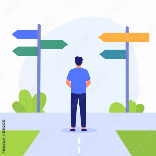 Man standing at a crossroads facing two direction signs contemplating future choices and career options with minimalist design