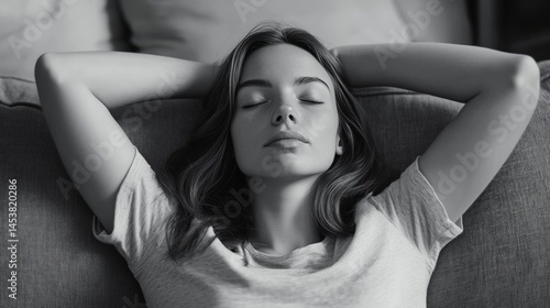Obraz na płótnie A woman with her eyes closed, resting her chin on her hand, conveying a sense of relaxation and calm. w salonie