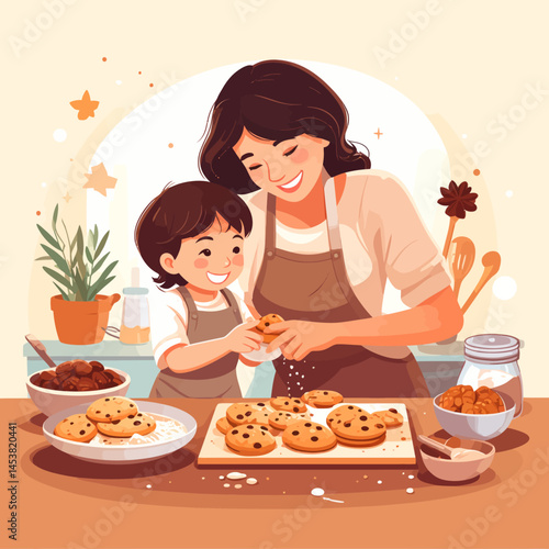 Mother and child baking cookies together in a cozy kitchen creating a heartwarming family moment of baking fun and sweet treats