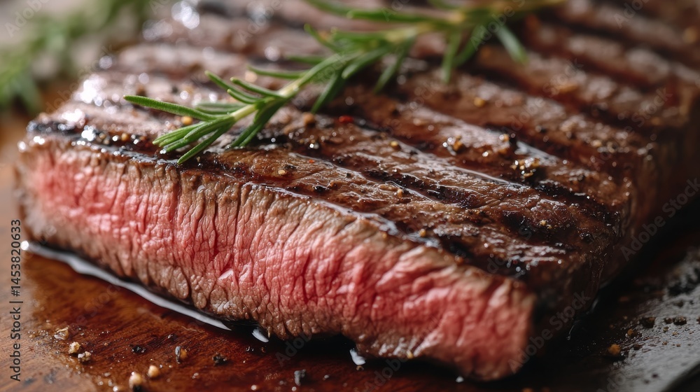 Close-up of a grilled dry-aged ribeye steak with rosemary garnish, showcasing the rich marbling and flavorful sear.
