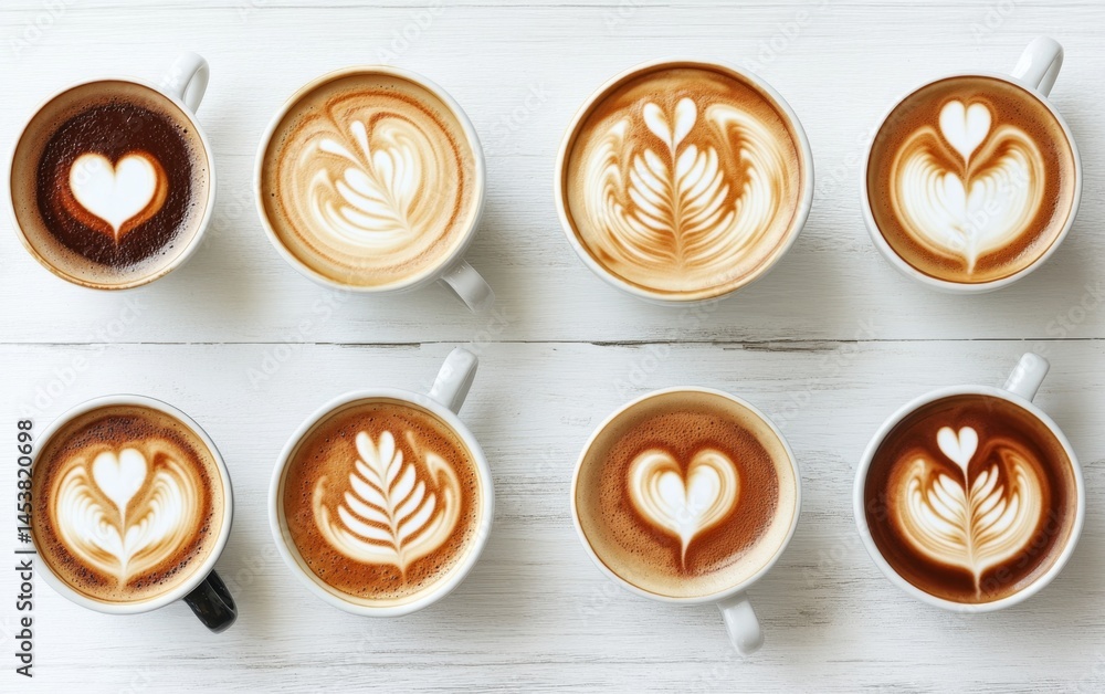 Nine latte art cups on a white wooden surface. Each cup features intricate latte art designs Nine latte art cups on a white wooden surface. Each cup features intricate latte art designs