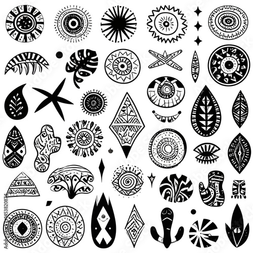 Ornate tribal pattern featuring a diverse collection of hand drawn ethnic symbols, perfect for backgrounds and artistic design elements