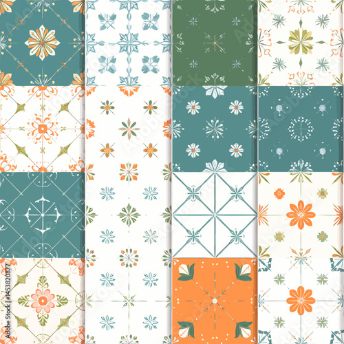 Ornate tile patterns create a vibrant patchwork of designs for interior decorating projects and design resources