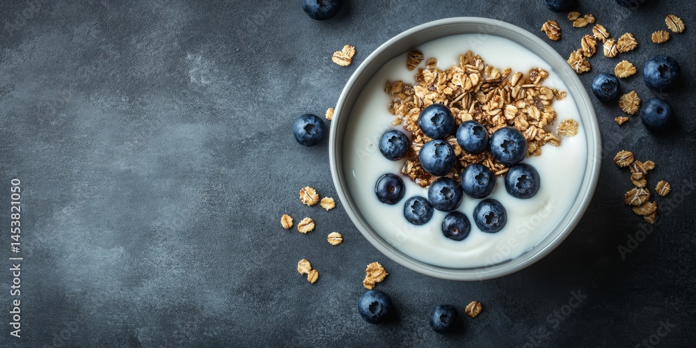 Bowl of yogurt, blueberries, and granola on gray surface.