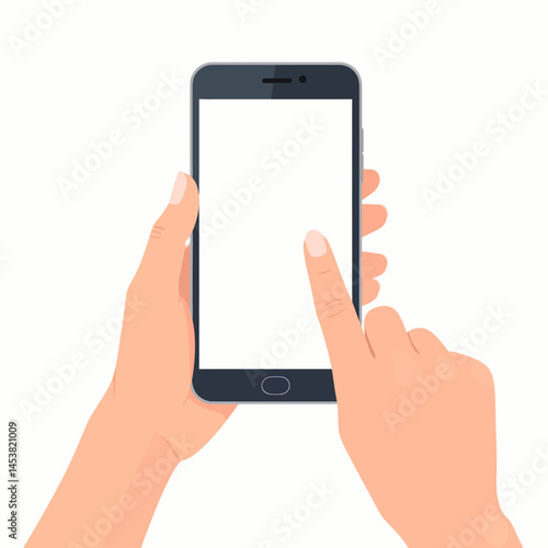 Person using a modern frameless smartphone with a blank white screen mockup for app presentation and mobile web browsing on white background