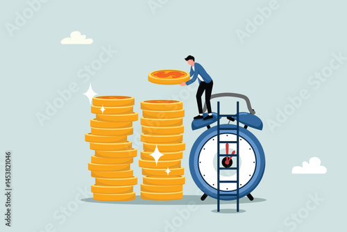 Long-term investing or savings for retirement fund, compound interest or investment growth, tax time reminder concept, businessman on alarm clock put more dollar coin money to increase his savings.