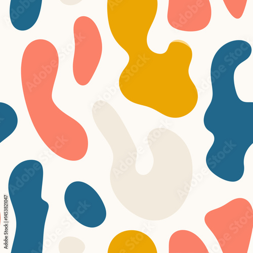 Playful abstract shapes pattern in coral, teal, mustard and cream colors for modern backgrounds and designs