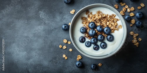 Obraz na płótnie Bowl of yogurt, blueberries, and granola on gray surface. w salonie