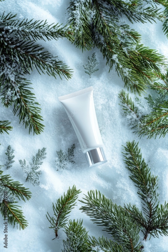 Product image featuring a facial cleanser set against a snowy holiday background with pine needles and greenery.