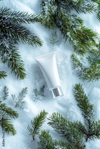 Obraz na płótnie Product image featuring a facial cleanser set against a snowy holiday background with pine needles and greenery. w salonie