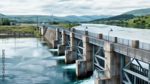 Wallpaper Mural Water flows from dam into serene river setting under cloudy sky near natural landscape Torontodigital.ca