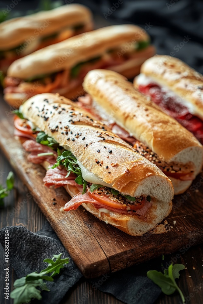 An array of delicious sub sandwiches with various fillings, ready to be enjoyed.