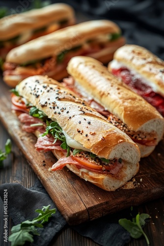 Obraz na płótnie An array of delicious sub sandwiches with various fillings, ready to be enjoyed. w salonie