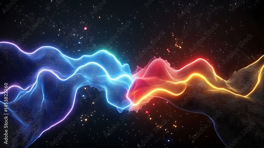 Dynamic neon light waves colliding in a cosmic space environment abstract art concept Dynamic neon light waves colliding in a cosmic space environment abstract art concept