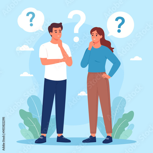 Two thoughtful people with question marks ponder a solution together in a bright and modern design concept for problem solving and brainstorming