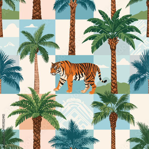 Vibrant tropical pattern with a tiger strolling among palm trees on a checkered background creating a summer paradise