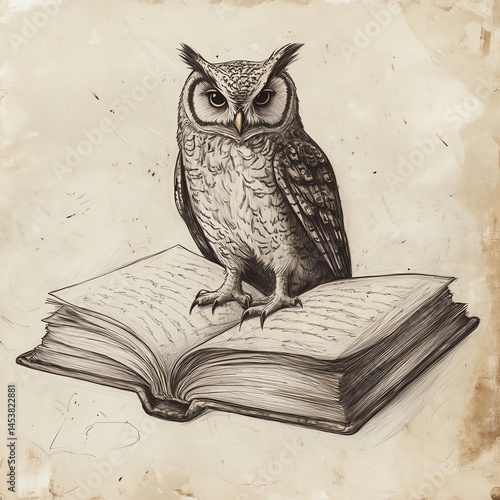 Wallpaper Mural Owl perched on an open antique book Torontodigital.ca