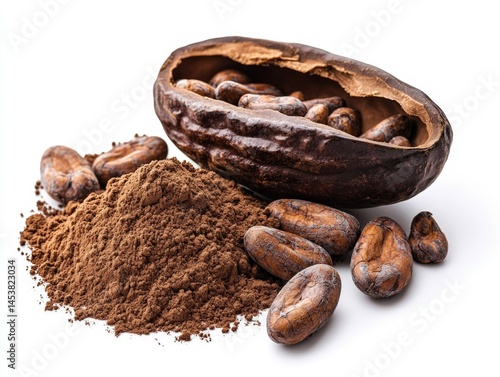 Chocolate making ingredients: cacao beans and cocoa powder. Raw components for creating a bean-to-bar, artisanal chocolate.