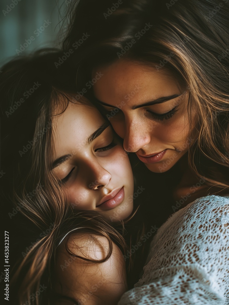 Mother and daughter in a tender moment of affection.