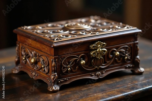 Elegant wooden jewellery box, intricate carvings , craftsmanship, shiny, wooden