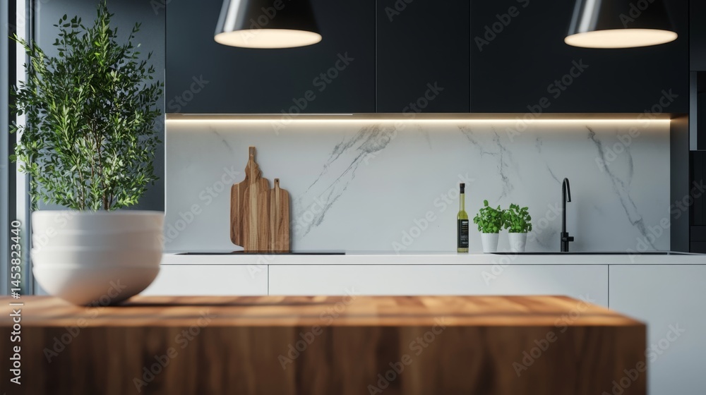 A modern, clean kitchen interior with sleek black cabinetry and stainless steel fixtures. Featuring a marble counter, wood accents, and a potted plant for fresh air and greenery.