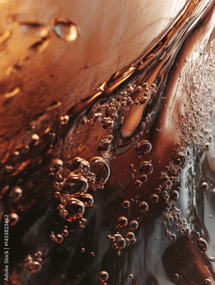 Detailed shot of chocolate drink with rich, creamy bubbles.