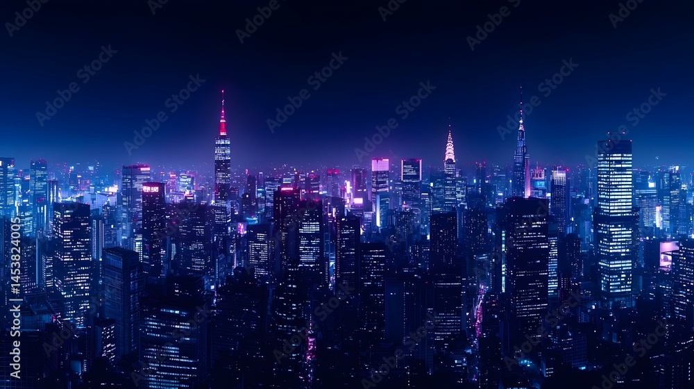 Fototapeta premium Nighttime City Skyline with Neon Lights and Modern Architecture