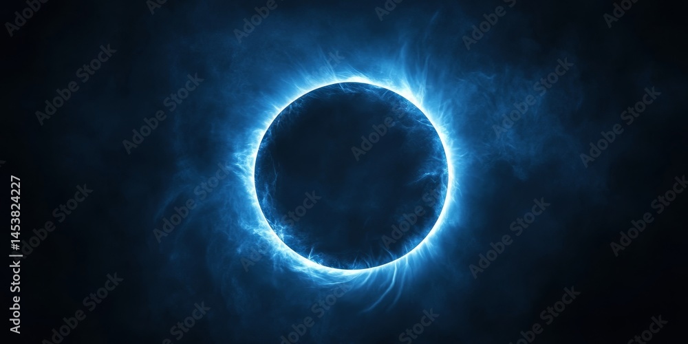 Total solar eclipse, as seen from Earth, with blue ring encircling darkened sun.