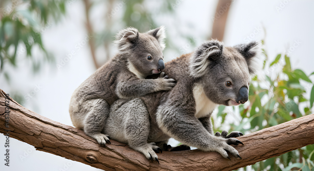 Fototapeta premium Baby Koala Massaging Larger Koala on Eucalyptus Branch Isolated on White Backdrop Wildlife Scene