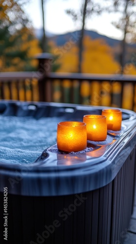 Hot tub with candles, autumn view