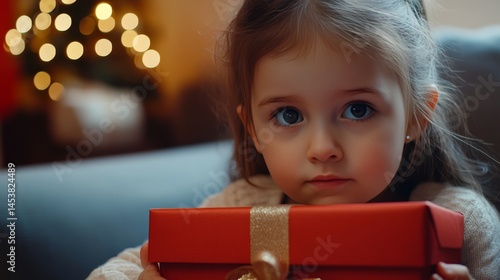 A young girl in the holiday spirit, receiving a wrapped gift.