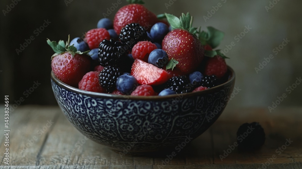 Colorful fruit bowl on table, close up view of strawberries, blueberries and raspberries