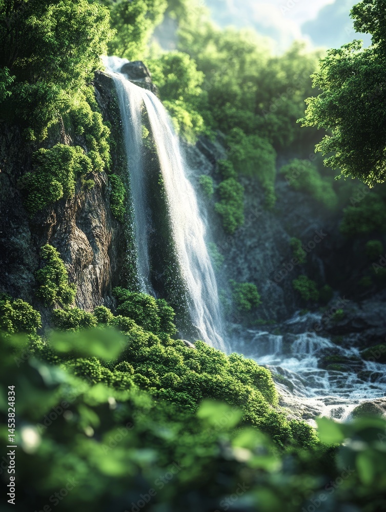 A serene image of a misty forest waterfall, capturing the essence of natural tranquility.