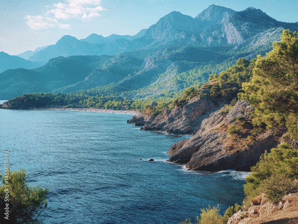 Landscape with clear blue sea, pebble beach, and green hills in the background.