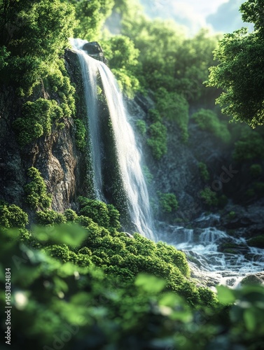 Obraz na płótnie A serene image of a misty forest waterfall, capturing the essence of natural tranquility. w salonie