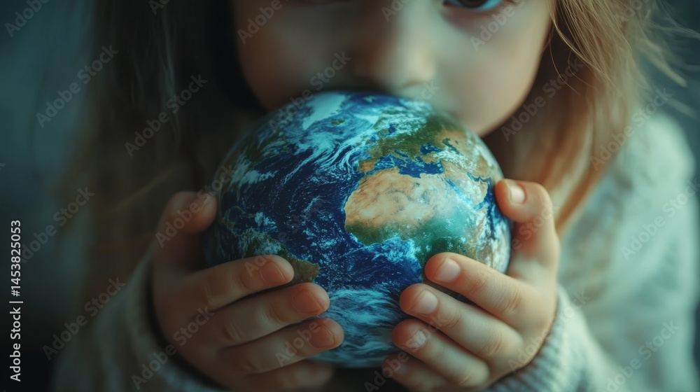 Young girl embracing Earth toy, symbolizing care for environment. Ideal for themes of ecology, sustainable living and education.