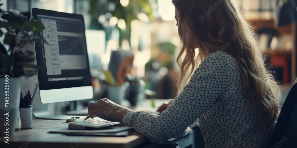 A woman focusing on her work at a desk in an office setting.