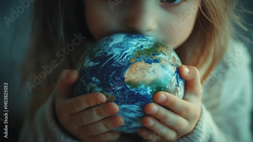 Obraz na płótnie Young girl embracing Earth toy, symbolizing care for environment. Ideal for themes of ecology, sustainable living and education. w salonie