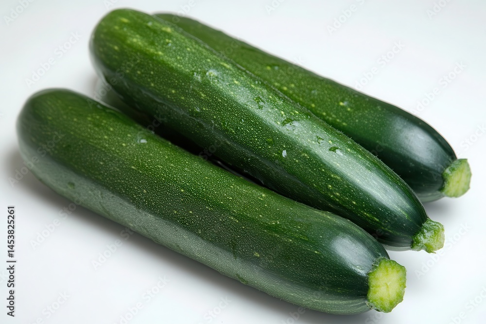Fresh green zucchinis arranged on a white surface, showcasing their smooth texture and vibrant color Fresh green zucchinis arranged on a white surface, showcasing their smooth texture and vibrant color