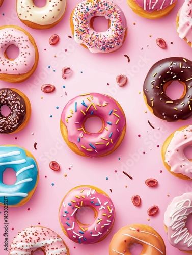 Colorful doughnuts of various flavors on a pink background.