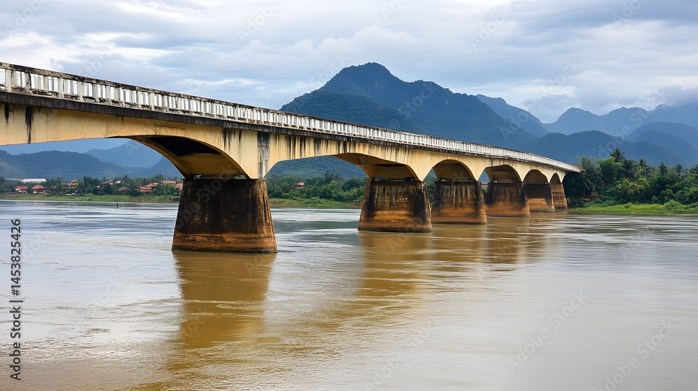 Fototapeta premium A strong bridge spanning a placid river amidst a mountainous landscape.