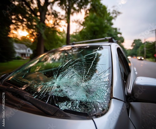 A vehicle with a shattered windshield.