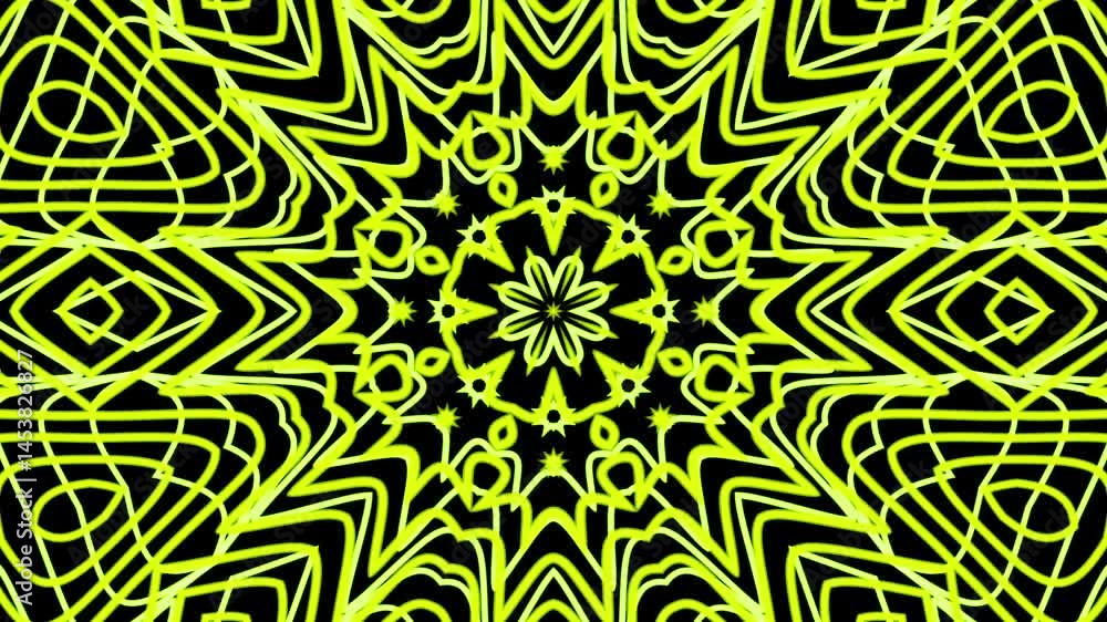 Geometric kaleidoscopic yellow pattern on black