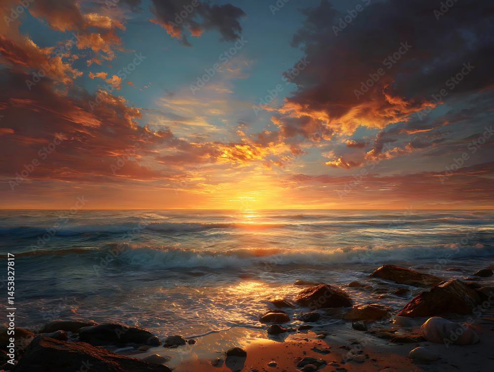 Obraz premium Stunning sunrise over calm sea with warm light