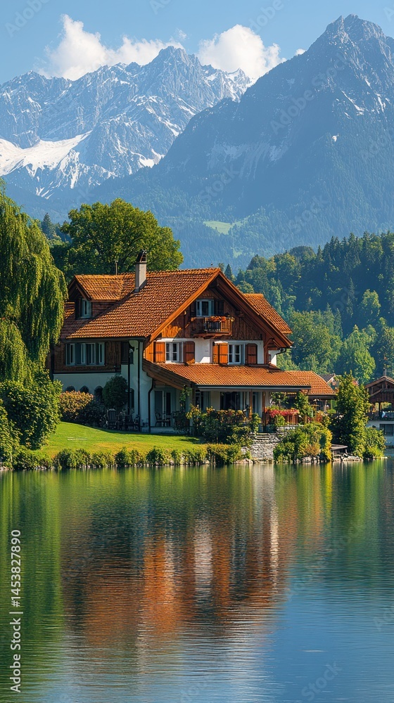 Obraz premium Lakeside chalet, mountain backdrop