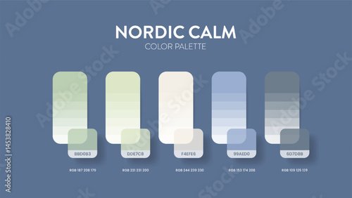   Color palette guide in Nordic calm colour theme collections. Color inspiration or chart with codes template. Color combination RGB. Colors swatches for graphic design, art, fashion, web or painting.