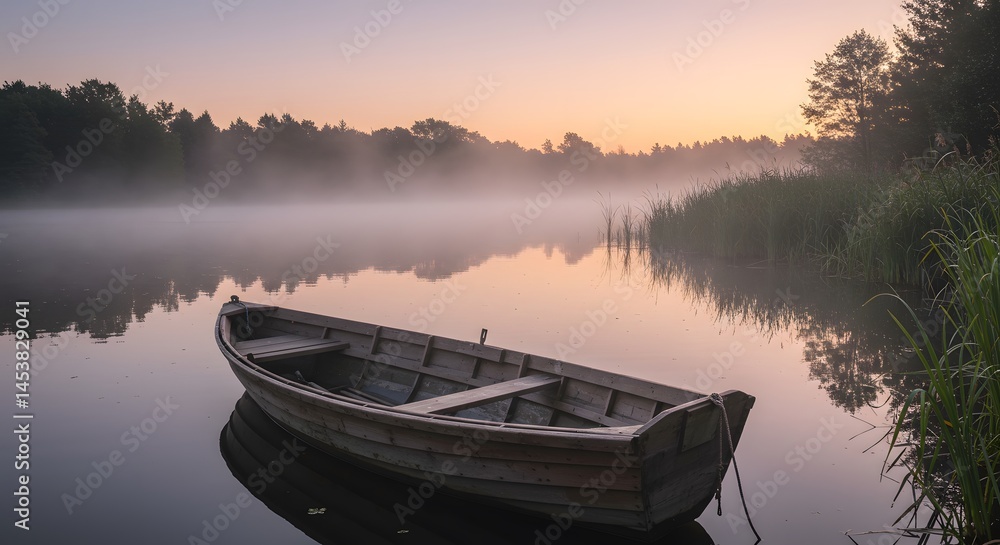 Serene Sunrise: Misty Lake with Rowboat at Dawn A Picturesque Landscape Photography Serene Sunrise: Misty Lake with Rowboat at Dawn A Picturesque Landscape Photography